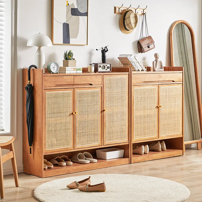 Solid wood shoe cabinet household living room large-capacity porch cabinet multi-functional rattan storage locker 
Solid wood shoe cabinet household living room large-capacity porch cabinet multi-functional rattan storage locker
