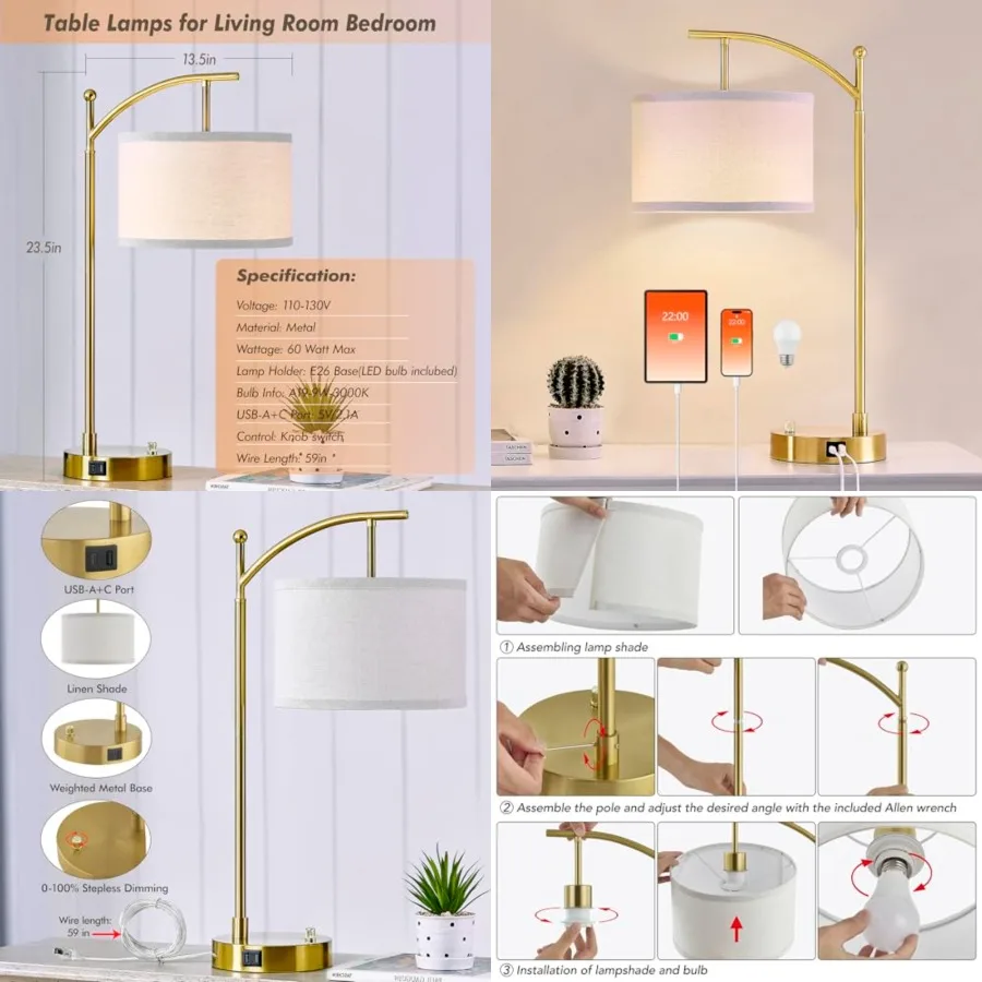 Table Lamp for Living Room Bedroom, 23.5" Table Lamp with USB C+A Ports, Bedside Lamp for Nightstand with Linen Lamp Shade, Dim
Table Lamp for Living Room Bedroom, 23.5" Table Lamp with USB C+A Ports, Bedside Lamp for Nightstand with Linen Lamp Shade, Dim