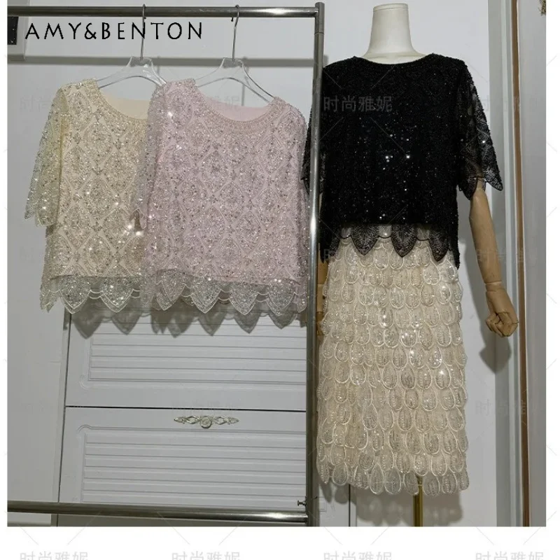 Gentle Fashion Beaded Pearl Lace Blouse Female Heavy Sequins Design Round Neck Short Sleeves Slim Fit Commuter Casual Y2k Shirt
Gentle Fashion Beaded Pearl Lace Blouse Female Heavy Sequins Design Round Neck Short Sleeves Slim Fit Commuter Casual Y2k Shirt