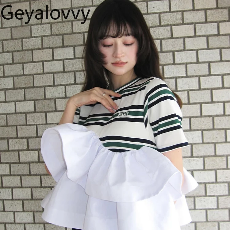 Crew Neck T Shirt Color-Block Striped Ruffle Casual Tees Fashion Short Sleeve T-Shirt Japanese Style Women's Tops Summer
Crew Neck T Shirt Color-Block Striped Ruffle Casual Tees Fashion Short Sleeve T-Shirt Japanese Style Women's Tops Summer