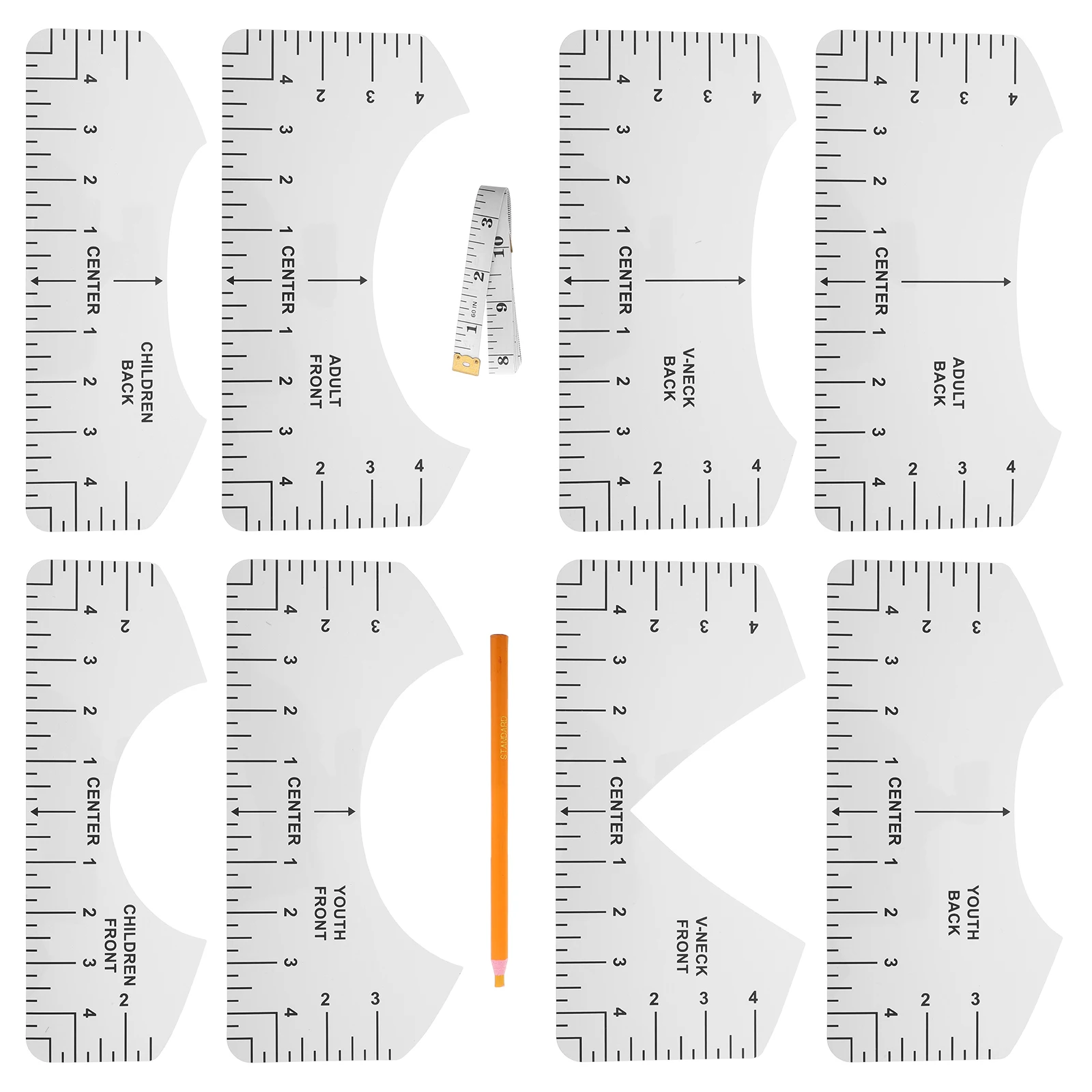 8pcs Transparent Pvc Sewing Alignment Tool T-Shirt Ruler Guide Round Neck V Neck Precise Measurement Craft Diy Projects Reusable
8pcs Transparent Pvc Sewing Alignment Tool T-Shirt Ruler Guide Round Neck V Neck Precise Measurement Craft Diy Projects Reusable