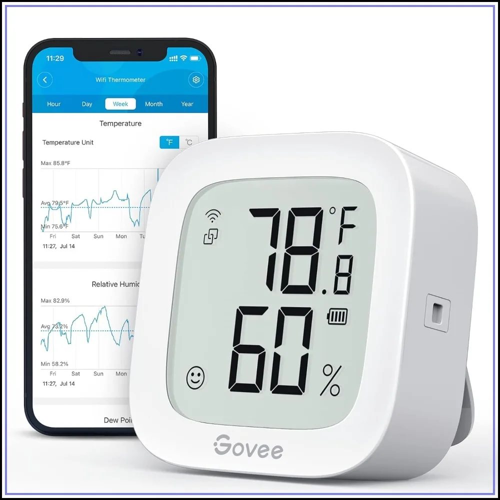 WiFi Thermometer Hygrometer with E-Ink Display, Bluetooth Temp Humidity Sensor, App Alert, Free Data Export, Remote Monitor for Home
WiFi Thermometer Hygrometer with E-Ink Display, Bluetooth Temp Humidity Sensor, App Alert, Free Data Export, Remote Monitor for Home