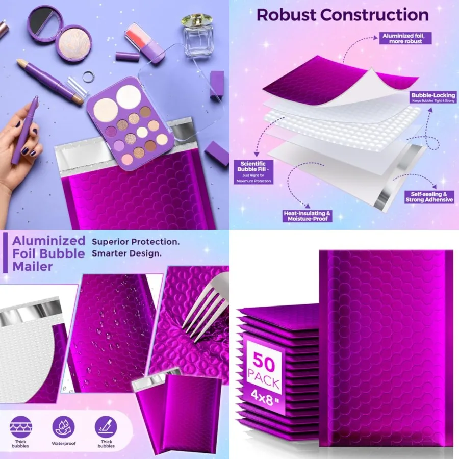 Foil Bubble Mailers 4x8" 50 Pack, Sturdy Padded Envelopes Usable Size 4x7", Strong Adhesion Bubble Shipping Envelopes, Thick Op
Foil Bubble Mailers 4x8" 50 Pack, Sturdy Padded Envelopes Usable Size 4x7", Strong Adhesion Bubble Shipping Envelopes, Thick Op
