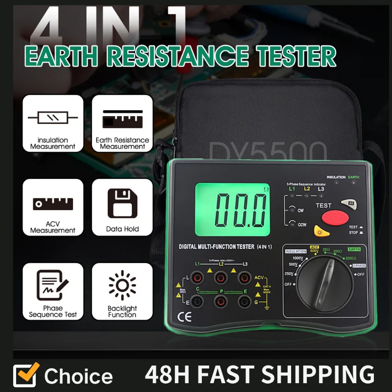 DY5500 4-in-1 Digital Multimeter-Ground Resistance Tester, Insulation Tester, Phase Sequence Detector & Voltmeter
DY5500 4-in-1 Digital Multimeter-Ground Resistance Tester, Insulation Tester, Phase Sequence Detector & Voltmeter
