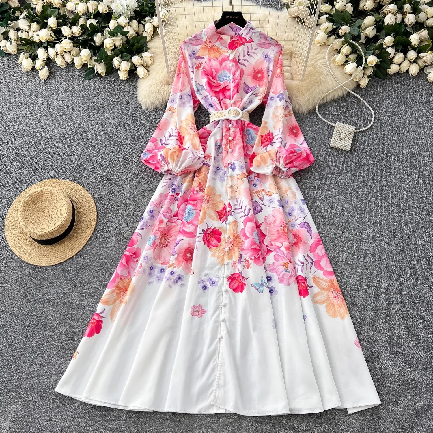 Elegant Holiday Gorgeous Print Flower Dress Women Stand Collar Long Lantern Sleeve Linen Belt Single-Breasted Maxi Robe Clothes
Elegant Holiday Gorgeous Print Flower Dress Women Stand Collar Long Lantern Sleeve Linen Belt Single-Breasted Maxi Robe Clothes