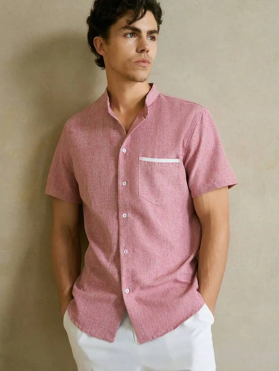 Men's Pink Short Sleeve Mock Neck Shirt with Chest Pocket
Men's Pink Short Sleeve Mock Neck Shirt with Chest Pocket