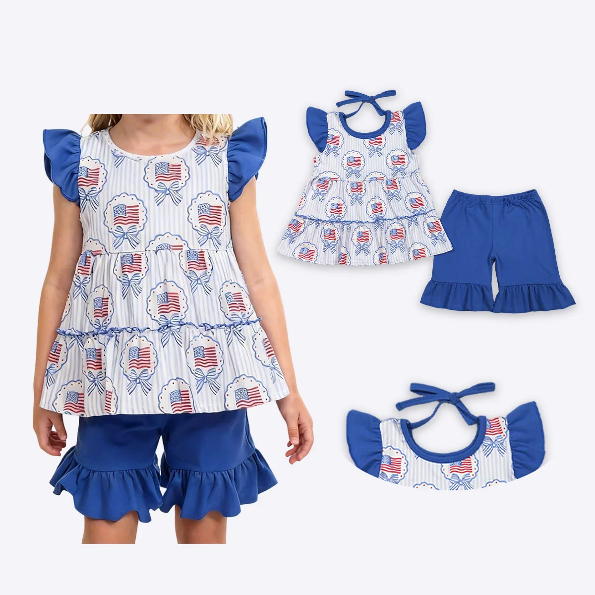 Kids Baby Girl Blue Stripe Bows Flags Tunic Tops Ruffle Short 4th of July Children Clothes Set Fashion Clothing Wholesale
Kids Baby Girl Blue Stripe Bows Flags Tunic Tops Ruffle Short 4th of July Children Clothes Set Fashion Clothing Wholesale