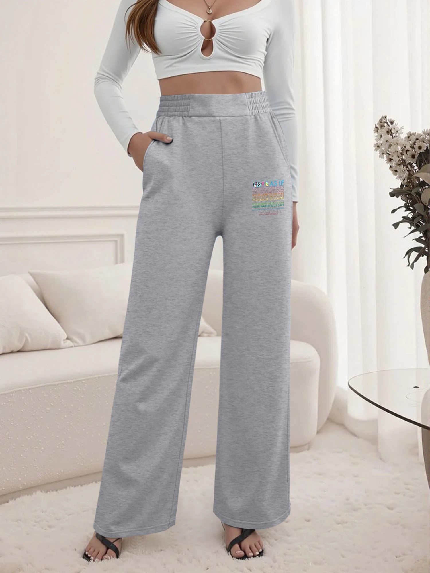 Trendy Women's Wide Leg Pants, Colorful Slogan Print High Waist Elastic Trousers, Soft Fabric, Black, For Streetwear & Daily
Trendy Women's Wide Leg Pants, Colorful Slogan Print High Waist Elastic Trousers, Soft Fabric, Black, For Streetwear & Daily