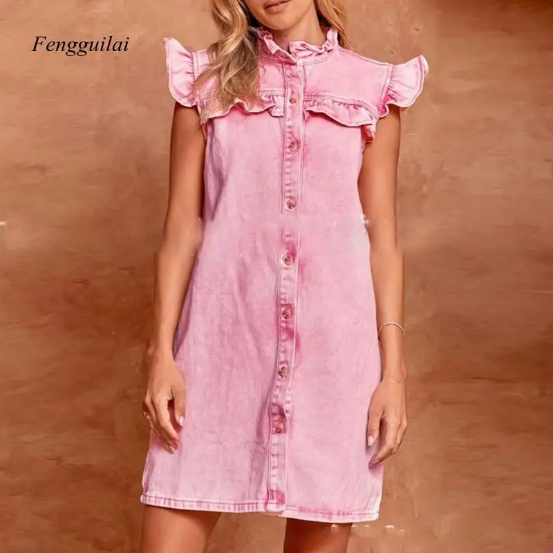 Dress Summer Denim Dresses Women Flying Sleeve Single Breasted Shirt Dress Elegant Lady Stand Collar Straight Party Dress
Dress Summer Denim Dresses Women Flying Sleeve Single Breasted Shirt Dress Elegant Lady Stand Collar Straight Party Dress