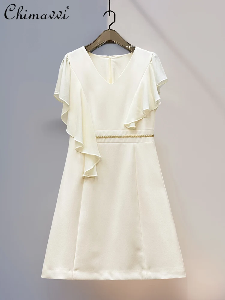 French Elegant Simple Commuter Dresses V-neck Irregular Ruffles Sleeve Beads High Waist A-line Temperament Short Dress for Women
French Elegant Simple Commuter Dresses V-neck Irregular Ruffles Sleeve Beads High Waist A-line Temperament Short Dress for Women