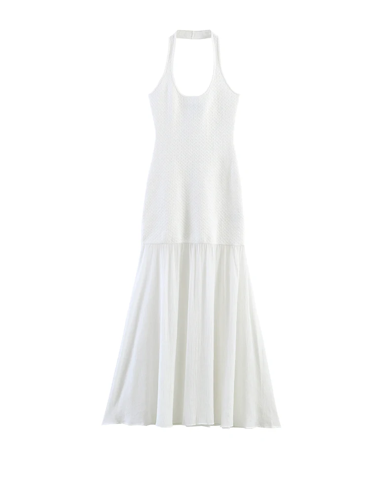White Halter Knitted Mermaid Midi Dress Textured Knit Bodice Flowy Ruffle Dresses
White Halter Knitted Mermaid Midi Dress Textured Knit Bodice Flowy Ruffle Dresses
