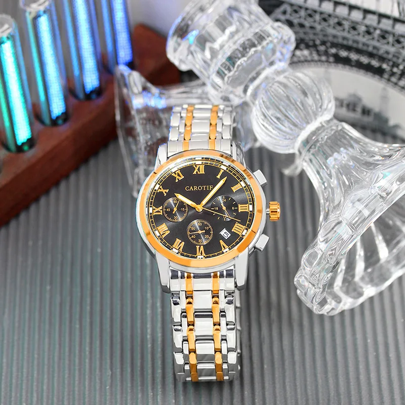 A men's gold and black steel strap fashion business calendar three-eye multifunction quartz watch
A men's gold and black steel strap fashion business calendar three-eye multifunction quartz watch
