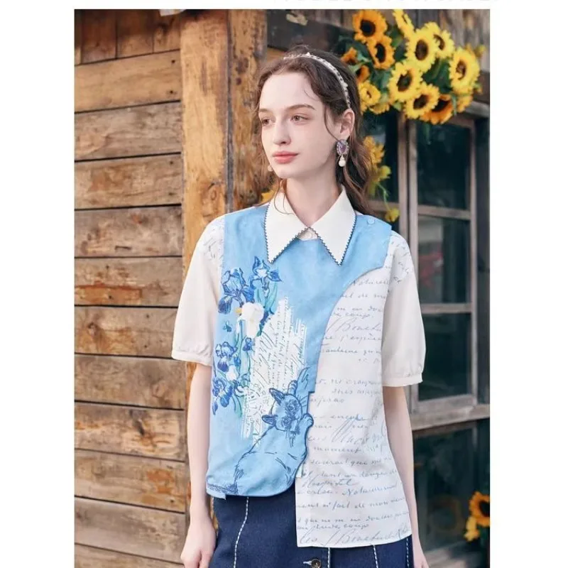Women's Art Print Patchwork Short Sleeve Shirt Vintage Iris Floral Cat Print Casual Blouse
Women's Art Print Patchwork Short Sleeve Shirt Vintage Iris Floral Cat Print Casual Blouse