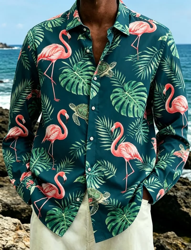 Tropical bird and leaf print long sleeved shirt for men's casual top, with a fresh vacation charm for daily wear
Tropical bird and leaf print long sleeved shirt for men's casual top, with a fresh vacation charm for daily wear
