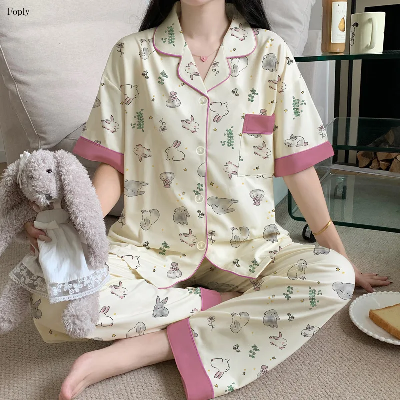 Pastoral Style Sleepwear Rabbit Contrasting Color Imitation Cotton Pajamas for Women Short-sleeved Trousers Large-size Homewear
Pastoral Style Sleepwear Rabbit Contrasting Color Imitation Cotton Pajamas for Women Short-sleeved Trousers Large-size Homewear