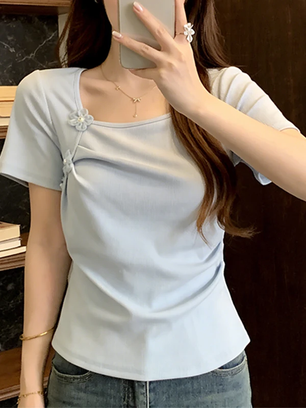 Summer New Style Pure Feeling Large Size Women's T-shirt Floral Design Asymmetrical Collar Short Sleeve Breathable Comfortable
Summer New Style Pure Feeling Large Size Women's T-shirt Floral Design Asymmetrical Collar Short Sleeve Breathable Comfortable