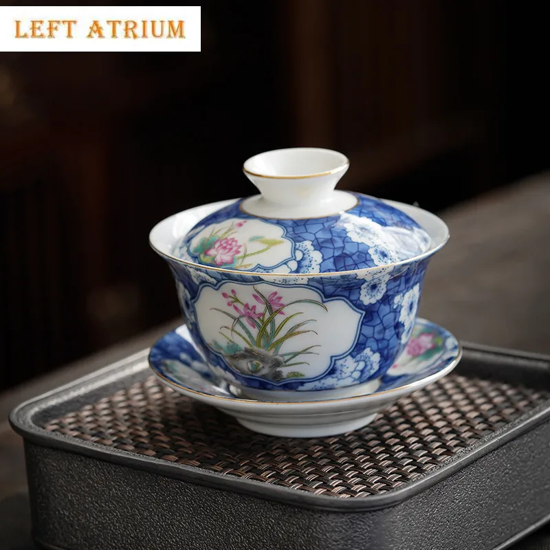 Chinese Handmade Blue and Flower Ceramic Gaiwan Teacup Hand-painted Flowers and Plants Tea Tureen Porcelain Tea Bowl Teaware
Chinese Handmade Blue and Flower Ceramic Gaiwan Teacup Hand-painted Flowers and Plants Tea Tureen Porcelain Tea Bowl Teaware