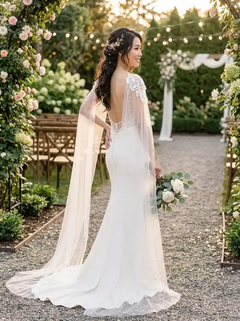 Bridal Shoulder Cape Long Tulle Cape with pearl Lace Flower Appliqué Wedding Cover Up Train for Backless Dress Veil
Bridal Shoulder Cape Long Tulle Cape with pearl Lace Flower Appliqué Wedding Cover Up Train for Backless Dress Veil