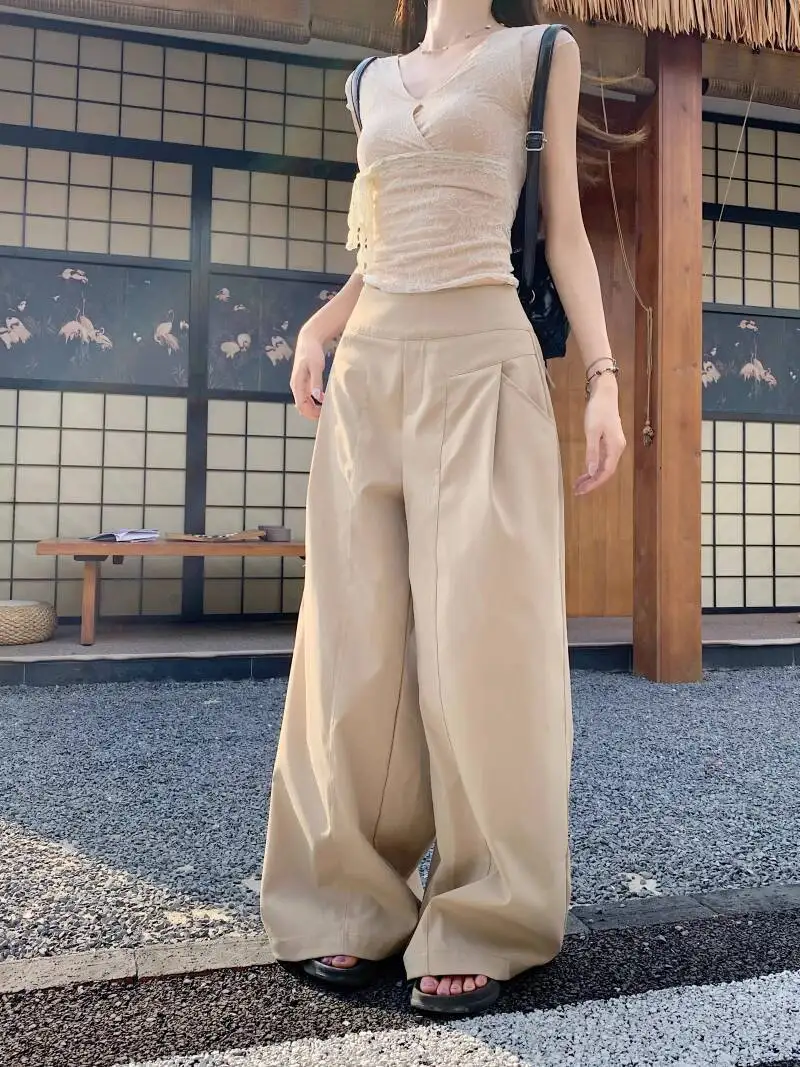 Women's Khaki Casual Pants - Summer High-Waist Wide-Leg Trousers, Loose Slimming, Floor-Length With Design Sense
Women's Khaki Casual Pants - Summer High-Waist Wide-Leg Trousers, Loose Slimming, Floor-Length With Design Sense