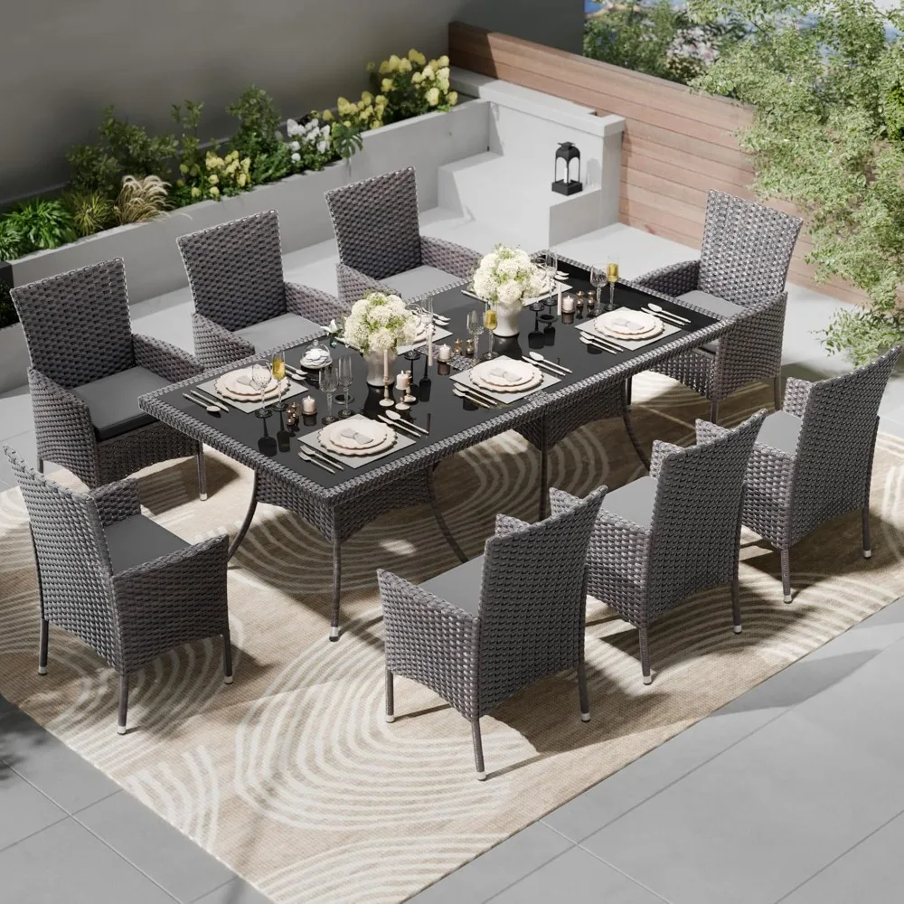 10-Piece Outdoor Dining Set Patio Rattan Furniture Set,Patio Dining Table and Chairs Set with 8 Chairs and Cushions,Square Glas
10-Piece Outdoor Dining Set Patio Rattan Furniture Set,Patio Dining Table and Chairs Set with 8 Chairs and Cushions,Square Glas