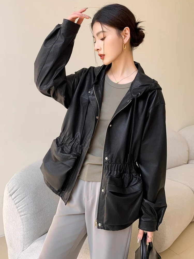 Casual Hooded Genuine Leather Windbreaker Jackets for Women Simple Adjustable Waist Design Loose Soft Black Real Sheepskin Coat
Casual Hooded Genuine Leather Windbreaker Jackets for Women Simple Adjustable Waist Design Loose Soft Black Real Sheepskin Coat