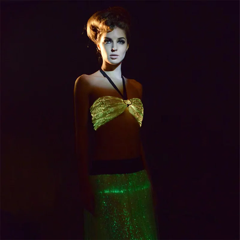 LED Light Up Fiber Optic Two-Piece Dress Halter Crop Top & Glowing Maxi Skirt for Stage Performance
LED Light Up Fiber Optic Two-Piece Dress Halter Crop Top & Glowing Maxi Skirt for Stage Performance