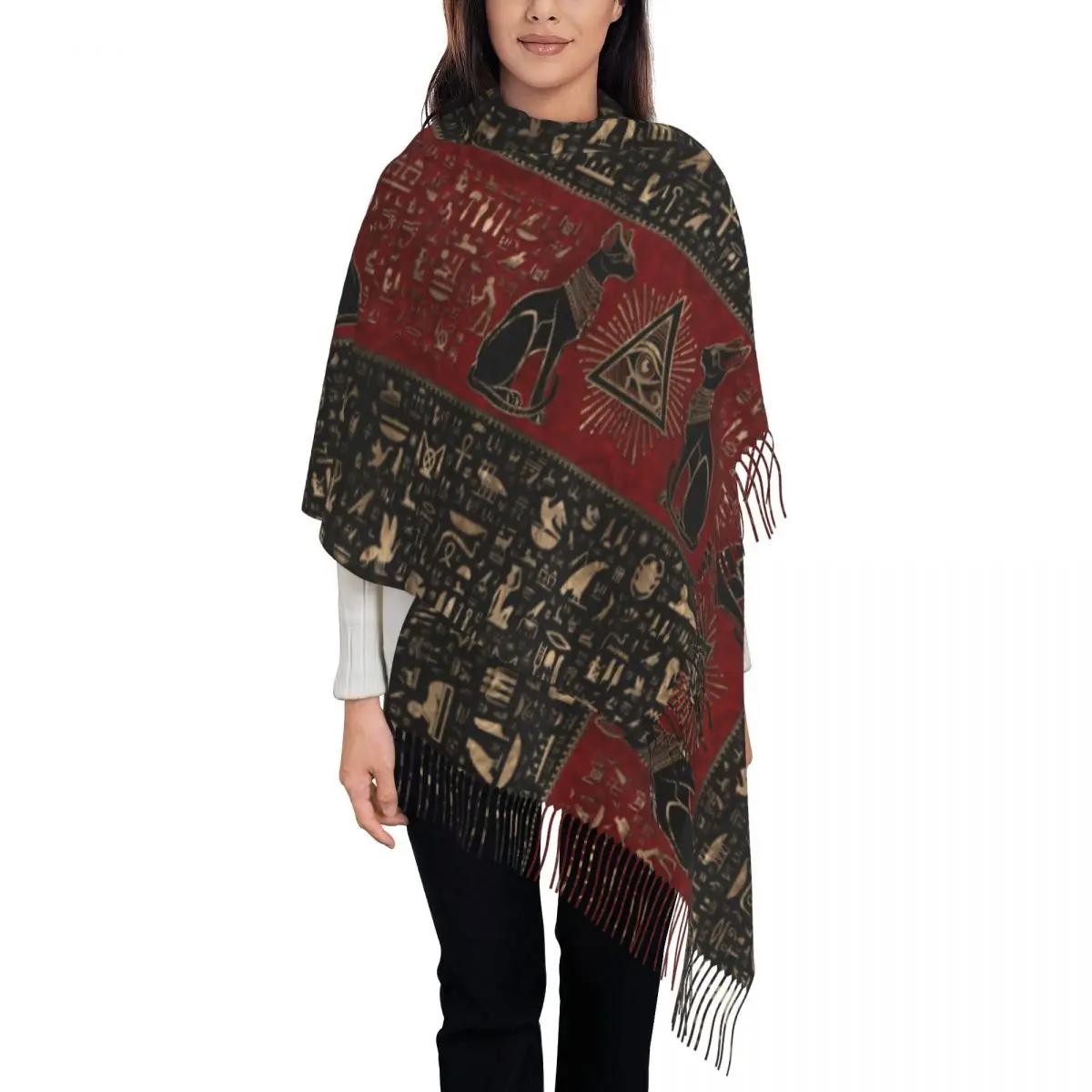 Custom Ancient Egypt Eye Of Horus Tassel Scarf Women Winter Fall Warm Shawl Wrap Ladies Egyptian Bastet Cat Scarves 
Custom Ancient Egypt Eye Of Horus Tassel Scarf Women Winter Fall Warm Shawl Wrap Ladies Egyptian Bastet Cat Scarves