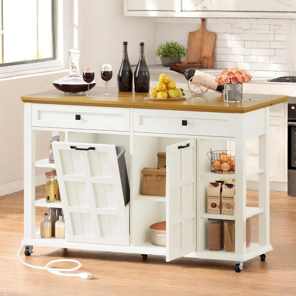 Kitchen Island with Drop Leaf, Tilt Out Trash Can Cabinet, Mobile Storage Islands with Power Outlet, Americana Rolling Island T 
Kitchen Island with Drop Leaf, Tilt Out Trash Can Cabinet, Mobile Storage Islands with Power Outlet, Americana Rolling Island T