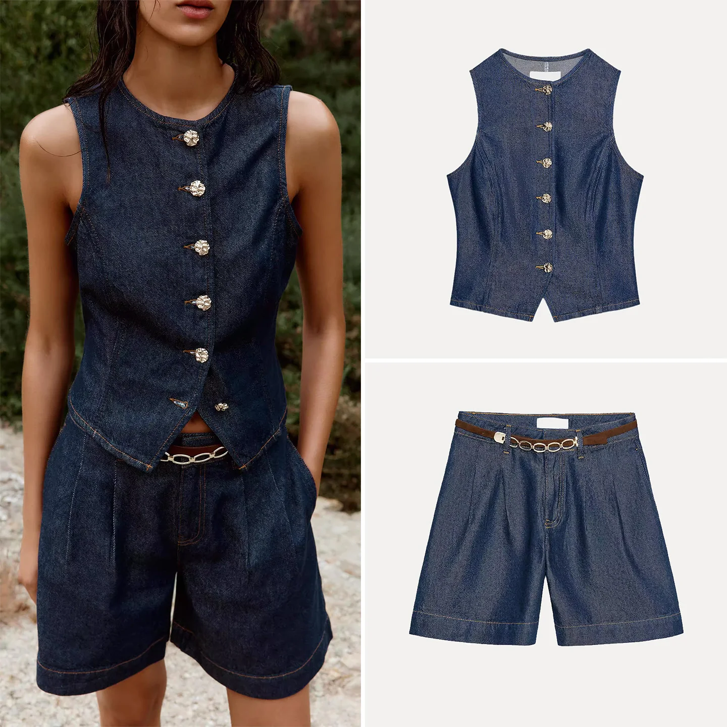 Джинсовый жилет и орты с золотыми пуговицами, лето 2023, женский модный костюм из полиэфирного волокна, круглый костюм Ne ort Sve, комплект из двух предметов
Джинсовый жилет и орты с золотыми пуговицами, лето 2023, женский модный костюм из полиэфирного волокна, круглый костюм Ne ort Sve, комплект из двух предметов