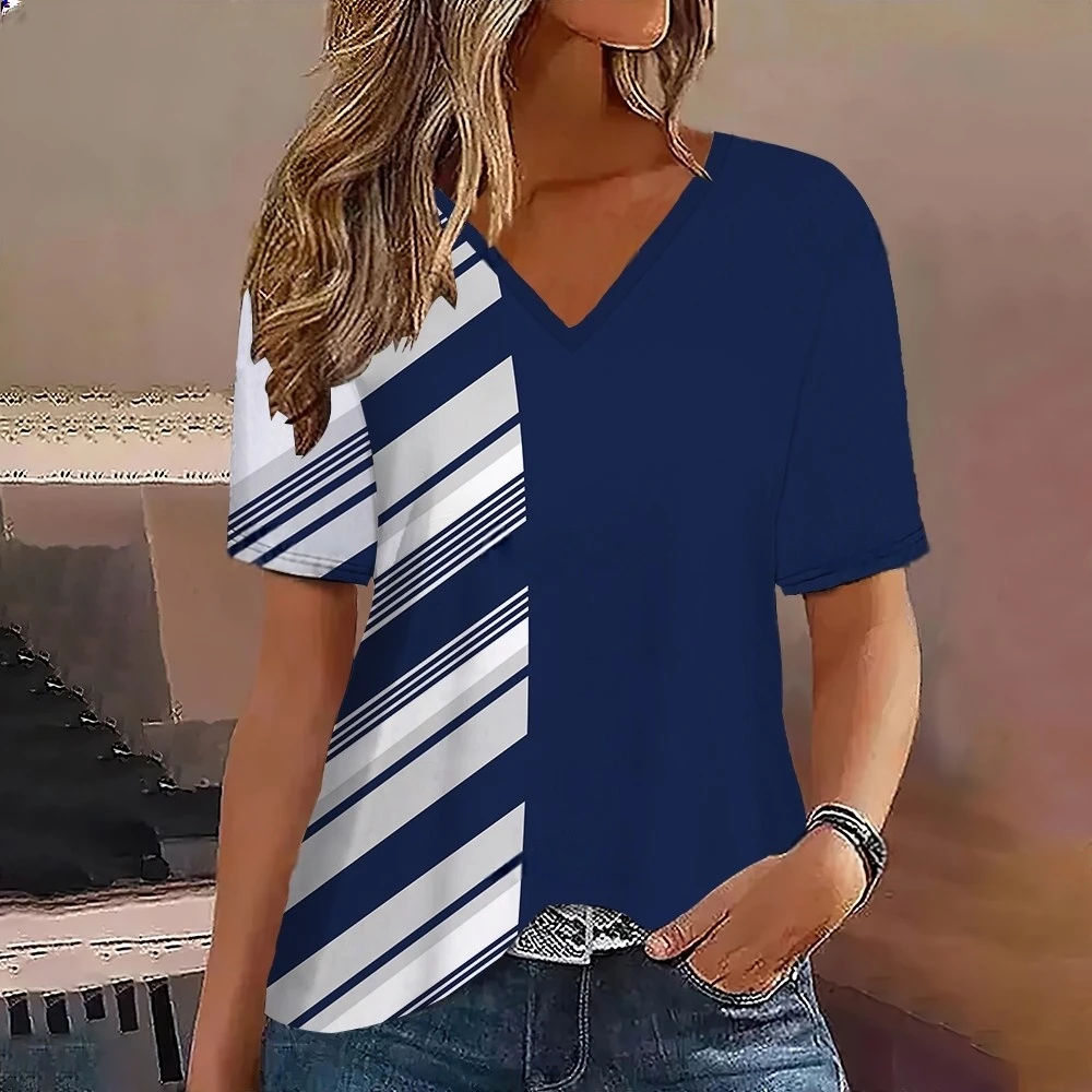 Women's T-Shirt Summer Stripe Short Sleeve Tee Shirt Fashion Blue V-Neck Female Clothing Casual New T-Shirt for Women Pullover
Women's T-Shirt Summer Stripe Short Sleeve Tee Shirt Fashion Blue V-Neck Female Clothing Casual New T-Shirt for Women Pullover