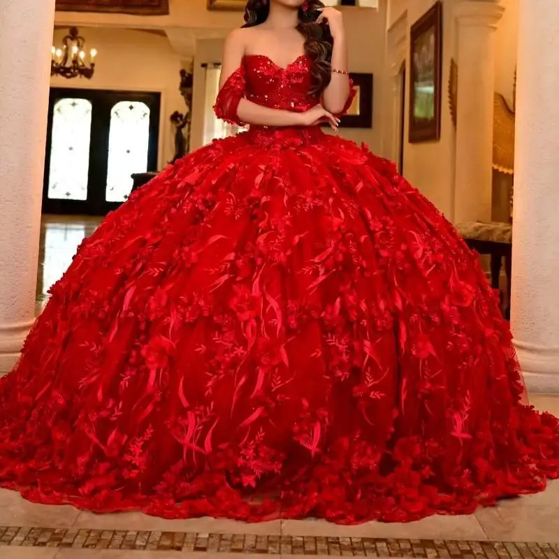 Customized Red Shiny Quinceanera Dresses Ball Gown Off Shoulder Appliques Flower Crystal Tull Birthday Payty Sweet 16 Vestido
Customized Red Shiny Quinceanera Dresses Ball Gown Off Shoulder Appliques Flower Crystal Tull Birthday Payty Sweet 16 Vestido