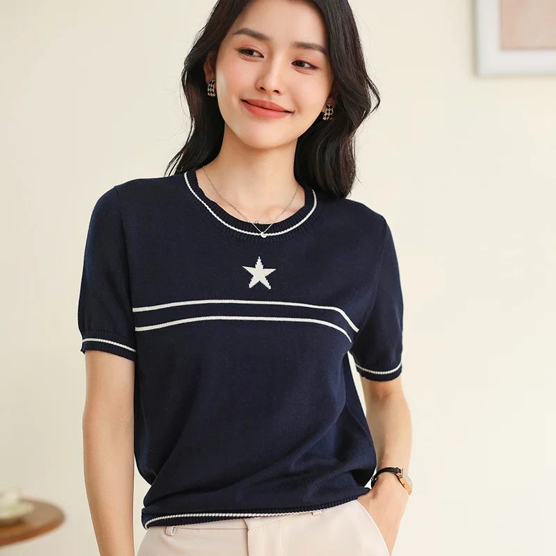 Summer Women's 100% Pure Cotton Short Sleeve O-Neck Knitted Top Breathable Cool Basic Style Hot Selling Casual Wear
Summer Women's 100% Pure Cotton Short Sleeve O-Neck Knitted Top Breathable Cool Basic Style Hot Selling Casual Wear