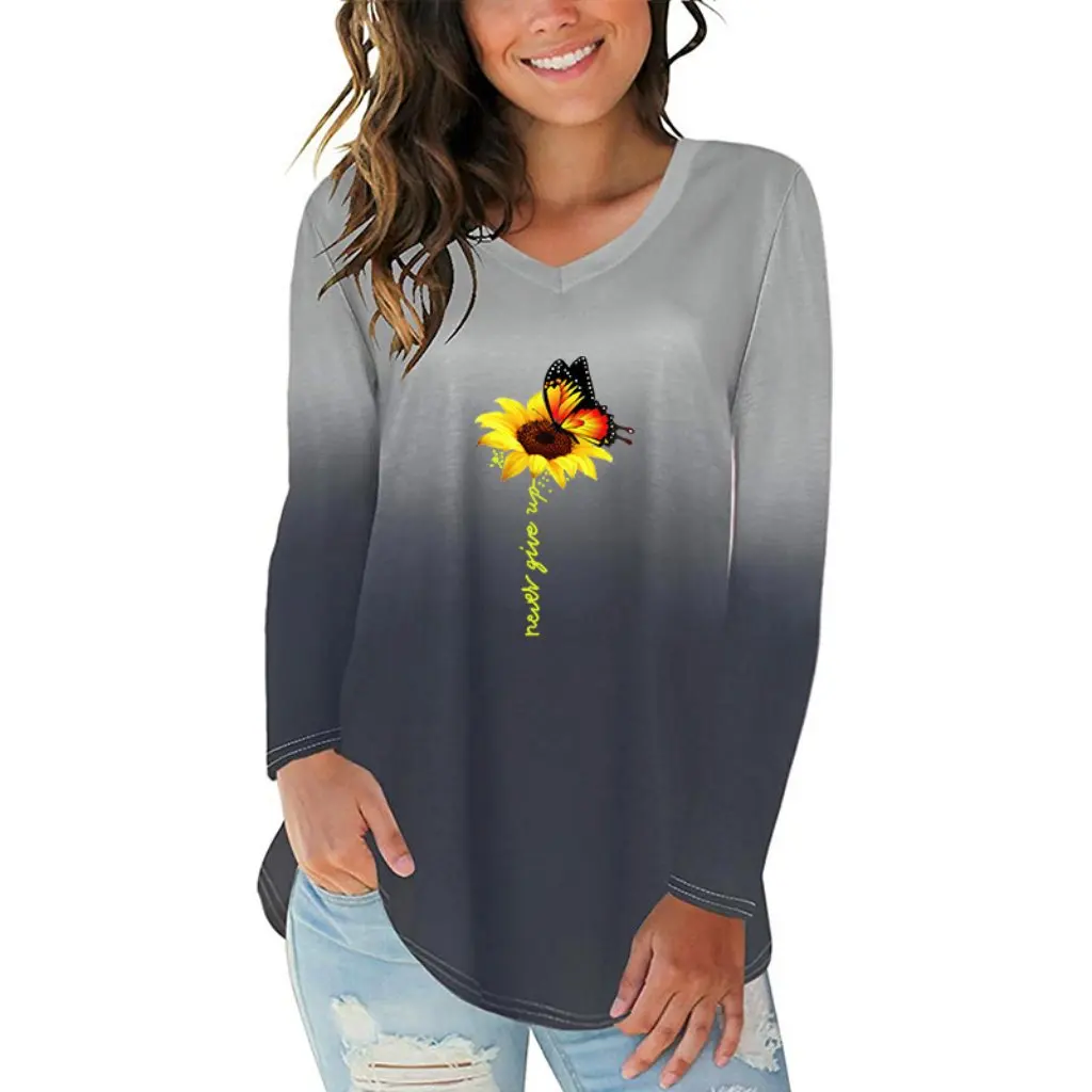 Women's Gradient Floral Butterfly Print T-shirt V-neck Long Sleeve Irregular Hem European And American Style by
Women's Gradient Floral Butterfly Print T-shirt V-neck Long Sleeve Irregular Hem European And American Style by