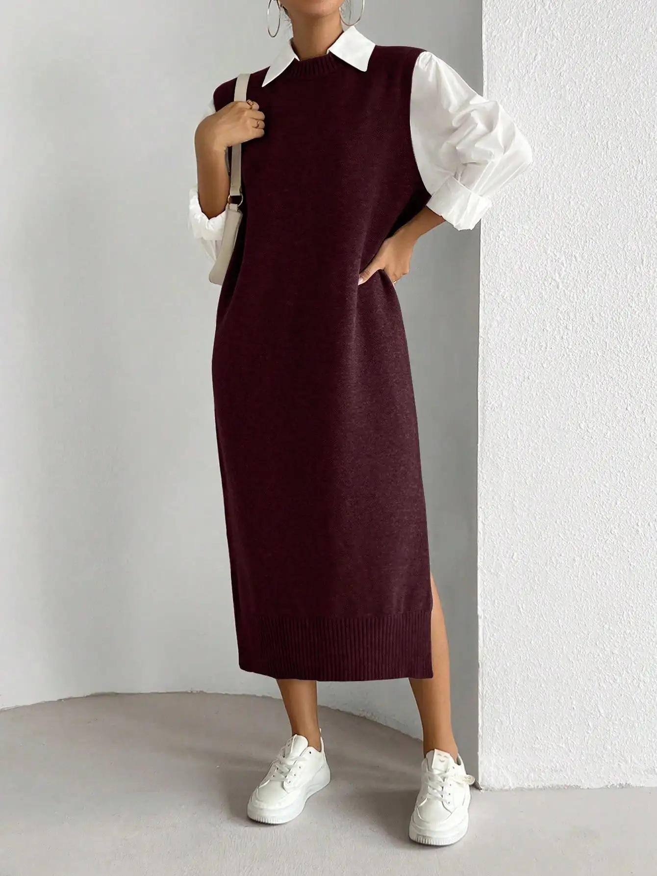 Women's Burgundy Knit Sleeveless Dress with Collar, Casual & Commuter Style
Women's Burgundy Knit Sleeveless Dress with Collar, Casual & Commuter Style