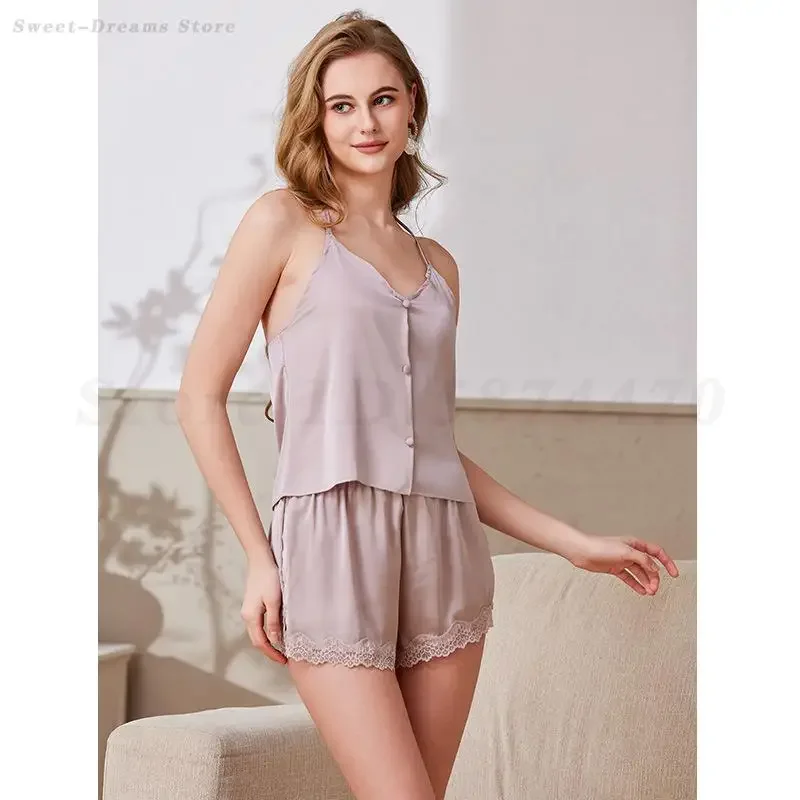Summer Silky Satin Sleepwear Loungewear Female New Suspender Pajamas Set Sexy Lace Strap Top&Shorts Intimate Lingerie Homewear
Summer Silky Satin Sleepwear Loungewear Female New Suspender Pajamas Set Sexy Lace Strap Top&Shorts Intimate Lingerie Homewear