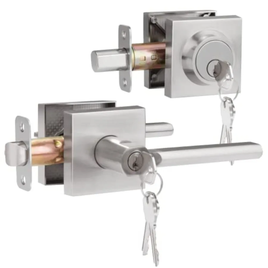 Entrance Door Lock Set with Single Cylinder Deadbolts, Satin Nickel Heavy Duty Modern Sleek Square Door Handle with Lock and Ke
Entrance Door Lock Set with Single Cylinder Deadbolts, Satin Nickel Heavy Duty Modern Sleek Square Door Handle with Lock and Ke