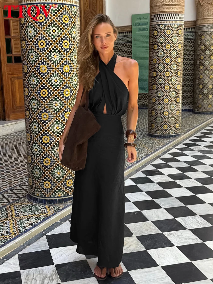TTQV Summer Loose Black Women's Dress 2026 Sexy Halter Sleeveless Ankle Length Dresses Elegant Classic Hollow Out Female Dress
TTQV Summer Loose Black Women's Dress 2026 Sexy Halter Sleeveless Ankle Length Dresses Elegant Classic Hollow Out Female Dress