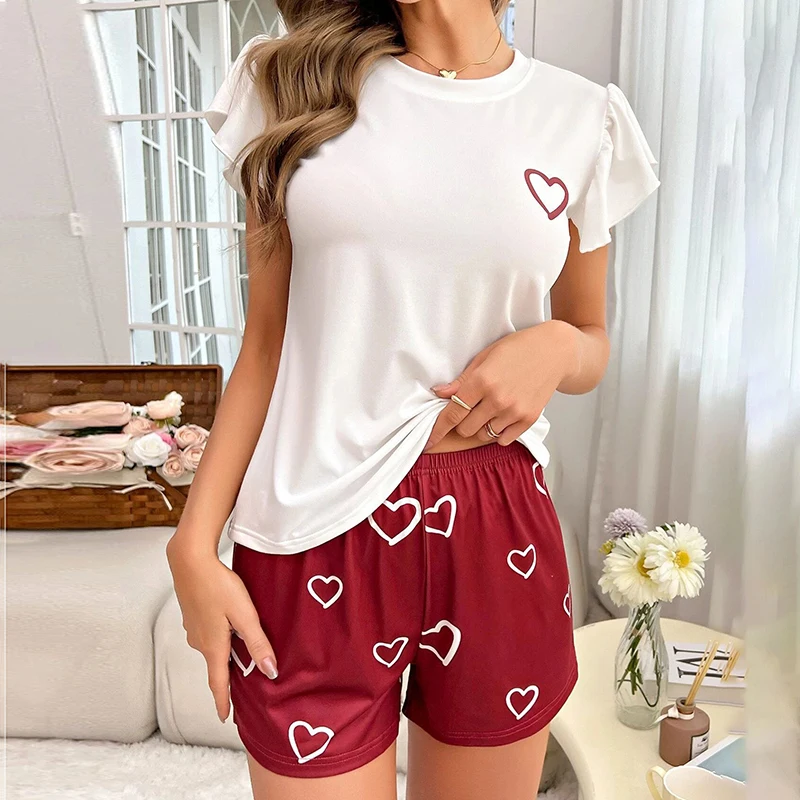 2 Pieces Heart Print Sleepwear Soft White T-shirt with Flying sleeves Nightwear Pyjamas Fashion Homewear Women Shorts Pajama Set
2 Pieces Heart Print Sleepwear Soft White T-shirt with Flying sleeves Nightwear Pyjamas Fashion Homewear Women Shorts Pajama Set