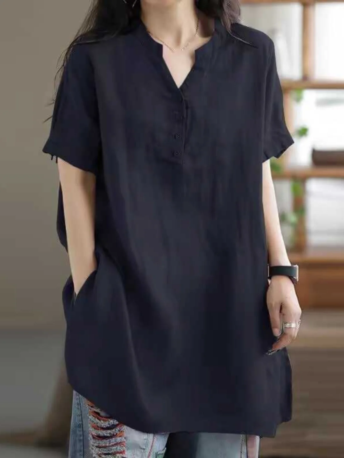 Retro Artistic Women's Cotton Linen ort Sve irt Casual Midi Dr Comfortable Loose Fit V-ne Summer Faion
Retro Artistic Women's Cotton Linen ort Sve irt Casual Midi Dr Comfortable Loose Fit V-ne Summer Faion