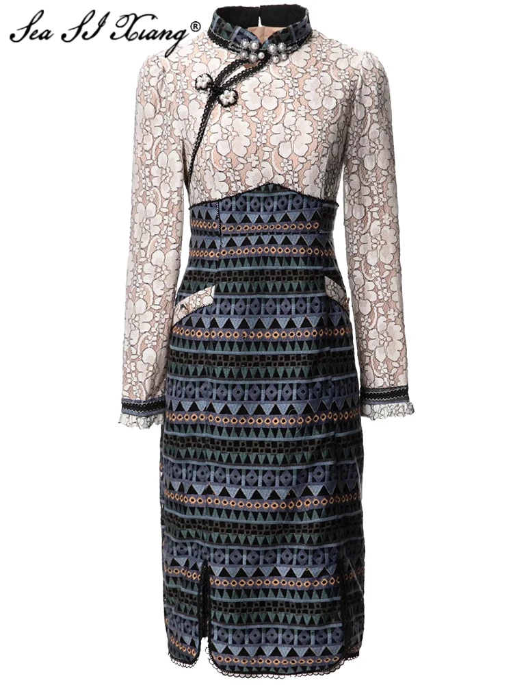 Seasixiang Fashion Designer Spring Pencil Dress Women Beading Stand Collar Long Sleeve Embroidery Chinese Style Dresses
Seasixiang Fashion Designer Spring Pencil Dress Women Beading Stand Collar Long Sleeve Embroidery Chinese Style Dresses