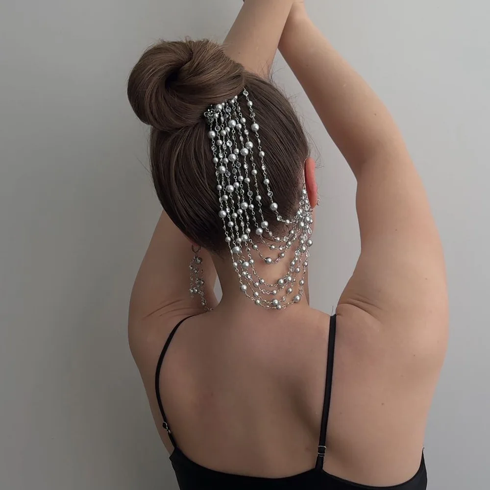38cm Silver-Color Faux Pearl Hair Chain Clip & Earrings - Long Multilayer Tassel Headpiece for Wedding Party Women Prom
38cm Silver-Color Faux Pearl Hair Chain Clip & Earrings - Long Multilayer Tassel Headpiece for Wedding Party Women Prom