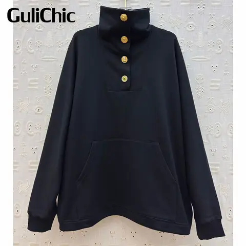 12.3 GuliChic 2026 New Women's Turtleneck Half-buttoned Design Sweatshirts Fashion Back Embroidery Loose Casual Pullover