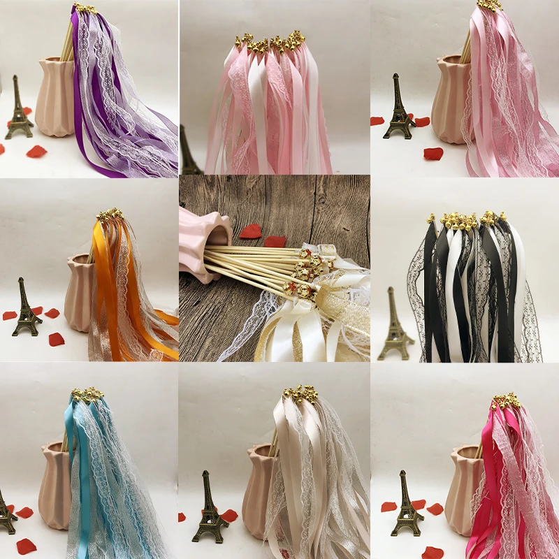 50/20pcs lot Colorful Stain Ribbon Wedding Stick Mixed Color Wedding Wands with Gold Bells Party layout for Wedding Decoration
50/20pcs lot Colorful Stain Ribbon Wedding Stick Mixed Color Wedding Wands with Gold Bells Party layout for Wedding Decoration