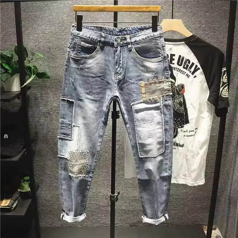 Spring Autumn New Fashion Korean Style Men's Casual Trendy Slim Hole Patched Light Blue Pencil Denim Trousers Jeans Streetwear
Spring Autumn New Fashion Korean Style Men's Casual Trendy Slim Hole Patched Light Blue Pencil Denim Trousers Jeans Streetwear