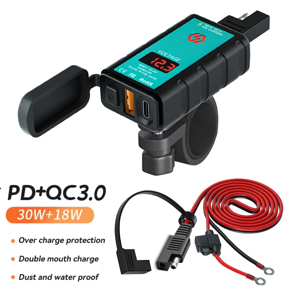 PD + QC3.0 Зарядное устройство для телефона на руль мотоцикла 48 Вт 1,4 м Кабель SAE к OT Разъем USB Type-C Вольтметр Водонепроницаемый с переключателем Dual USB
PD + QC3.0 Зарядное устройство для телефона на руль мотоцикла 48 Вт 1,4 м Кабель SAE к OT Разъем USB Type-C Вольтметр Водонепроницаемый с переключателем Dual USB