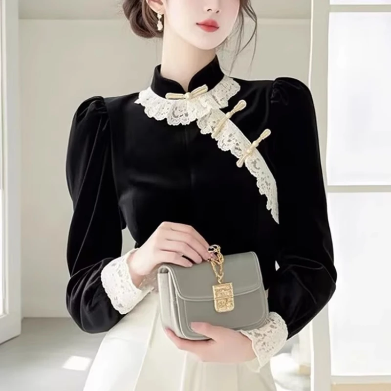 Spring Fall Women Black Lace Velvet Top Shirt , Autumn Female Woman Slim Velour Tops Shirts
Spring Fall Women Black Lace Velvet Top Shirt , Autumn Female Woman Slim Velour Tops Shirts