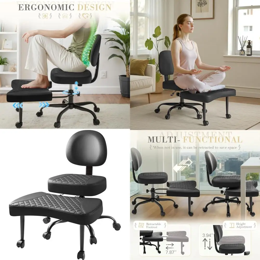 Adjustable Swivel Ergonomic Kneeling Chair with Footrest for Office, Yoga, Meditation - Black Leather
Adjustable Swivel Ergonomic Kneeling Chair with Footrest for Office, Yoga, Meditation - Black Leather