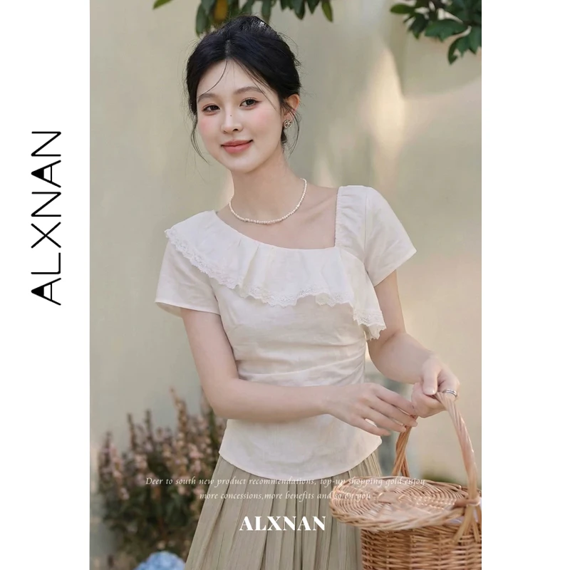 ALXNAN Ruffle Short Sleeve T-shirt Women Summer Oblique Collar Tees 2026 Elegant Sweet Fashion Slim-fit Female Tops L63993A
ALXNAN Ruffle Short Sleeve T-shirt Women Summer Oblique Collar Tees 2026 Elegant Sweet Fashion Slim-fit Female Tops L63993A