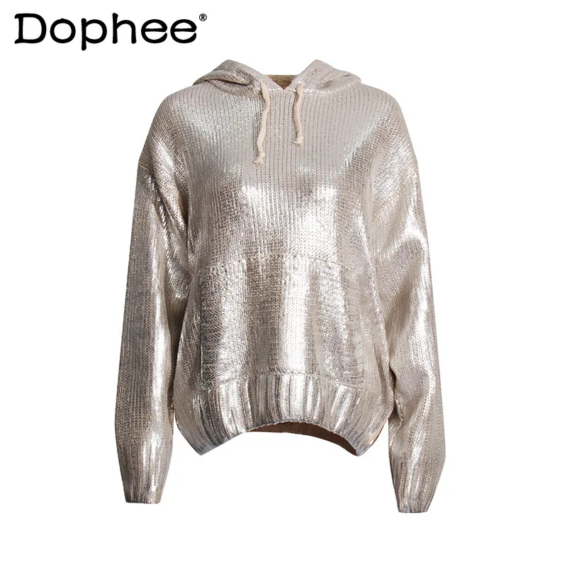 Fashionable Bronzing Hooded Drawstring Long-Sleeved Sweater for Women 2024 Spring New Korean Style Casual Silver Knitted Top
Fashionable Bronzing Hooded Drawstring Long-Sleeved Sweater for Women 2024 Spring New Korean Style Casual Silver Knitted Top