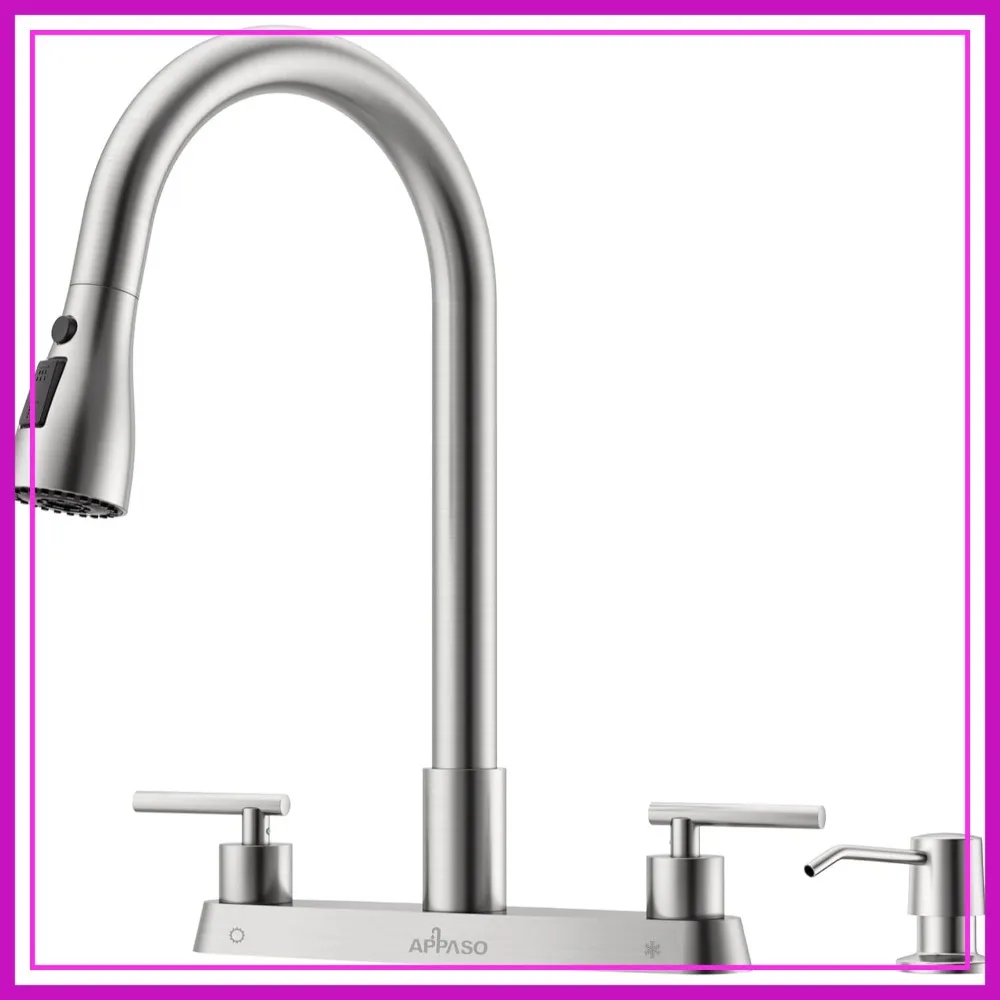 2 Handle Kitchen Faucet with Pull Down Sprayer, 4-Hole High Arc Stainless Steel for RV Outdoor Sink, Brushed Nickel
2 Handle Kitchen Faucet with Pull Down Sprayer, 4-Hole High Arc Stainless Steel for RV Outdoor Sink, Brushed Nickel